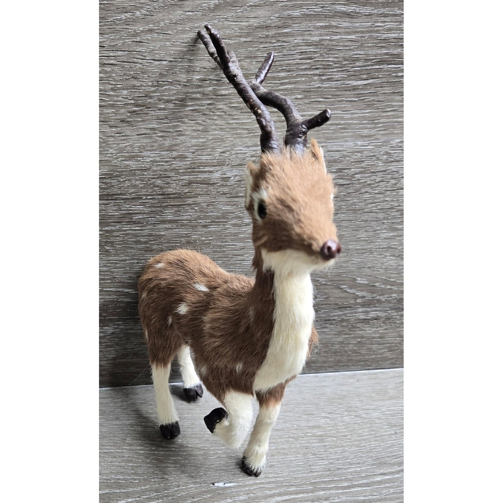 Real Fur Reindeer Deer Figurine Brown White Antlers Christmas Holiday Decor